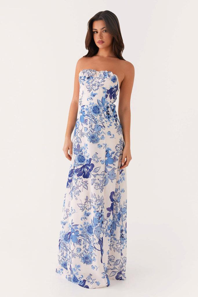 Floral Gathering Strapless Maxi Dress