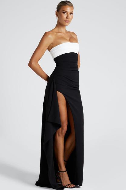 Contrast Color Split Off Shoulder Maxi Dress