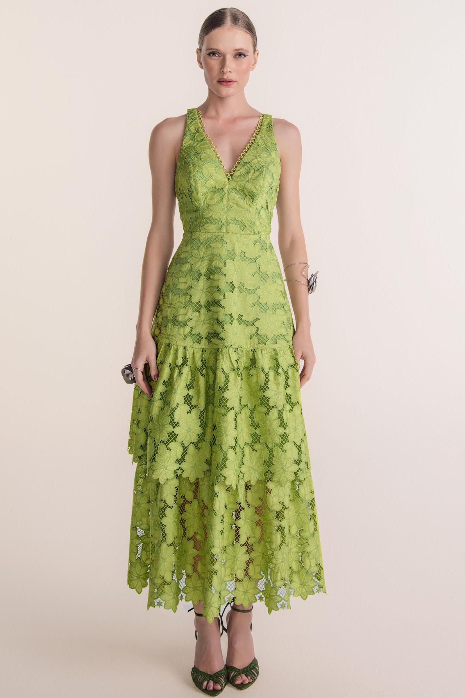 Lace V-Neck Sleeveless Midi Dress