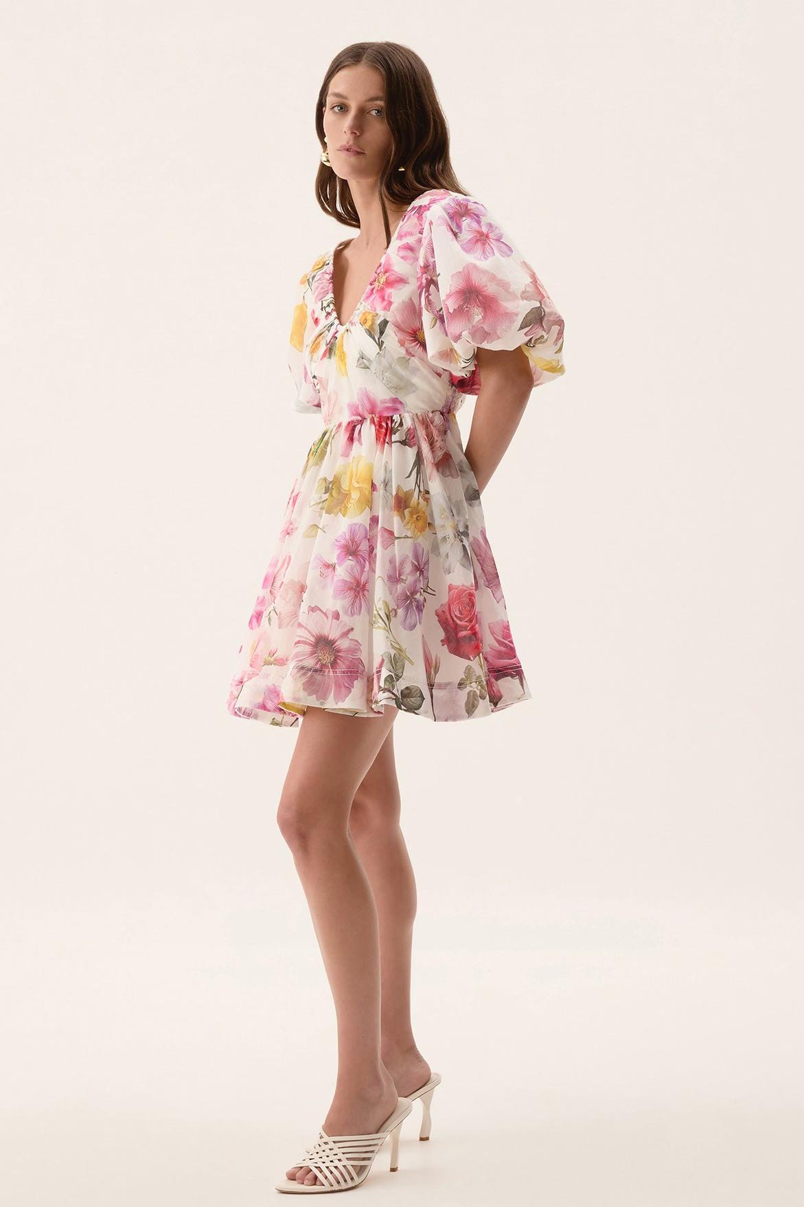 Floral V-Neck Puff Sleeve Mini Dress
