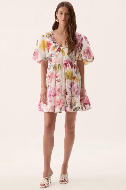 Floral V-Neck Puff Sleeve Mini Dress