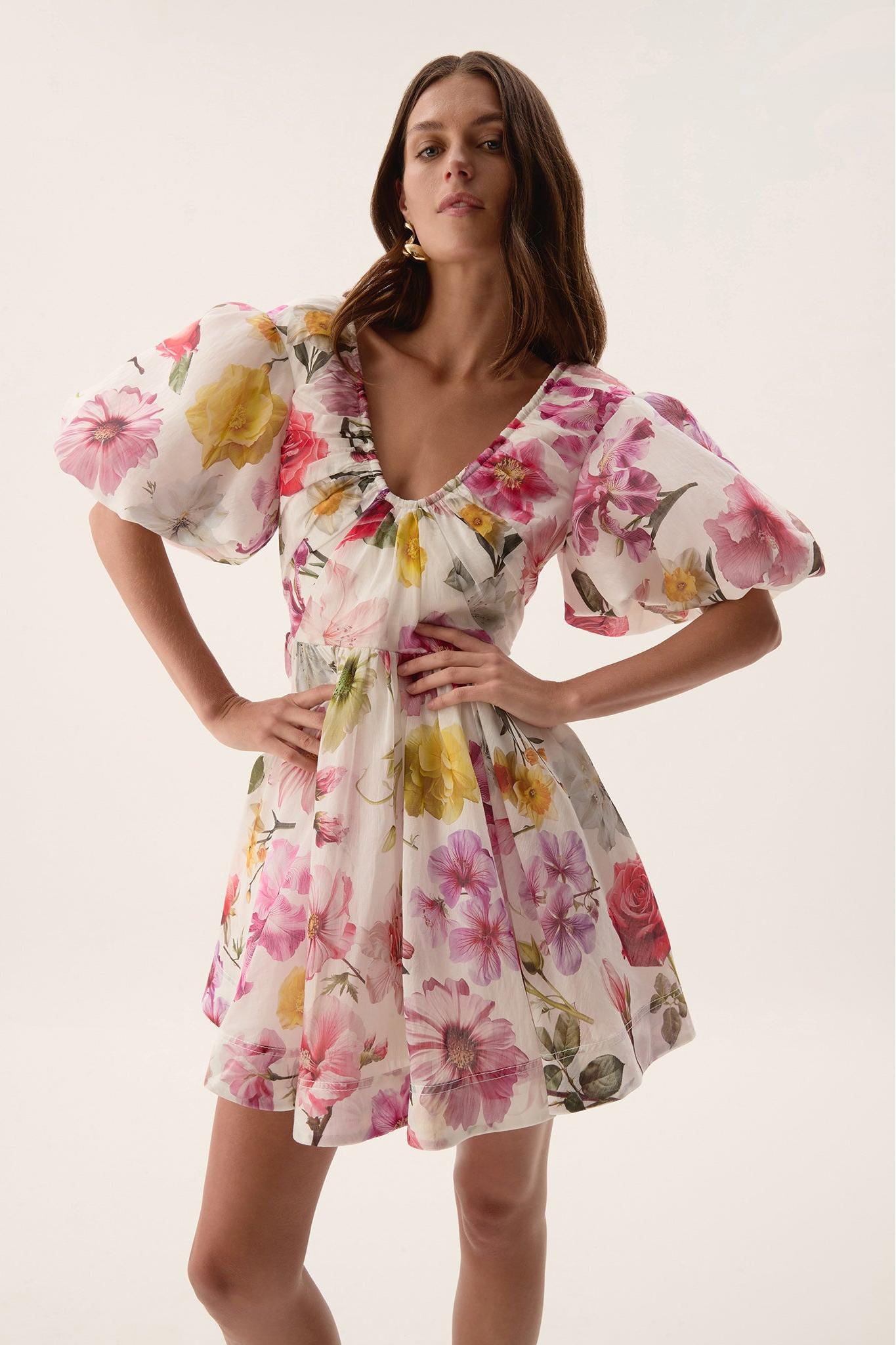 Floral V-Neck Puff Sleeve Mini Dress