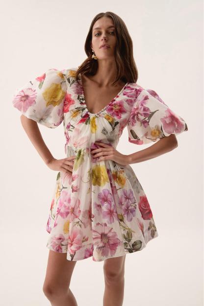 Floral V-Neck Puff Sleeve Mini Dress