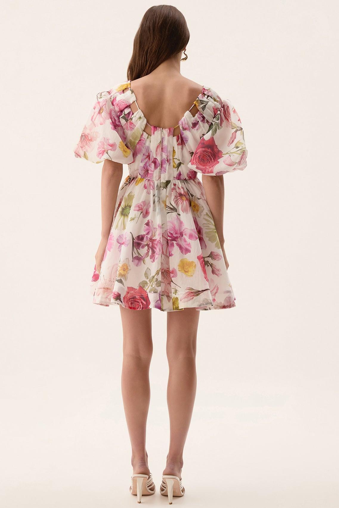 Floral V-Neck Puff Sleeve Mini Dress