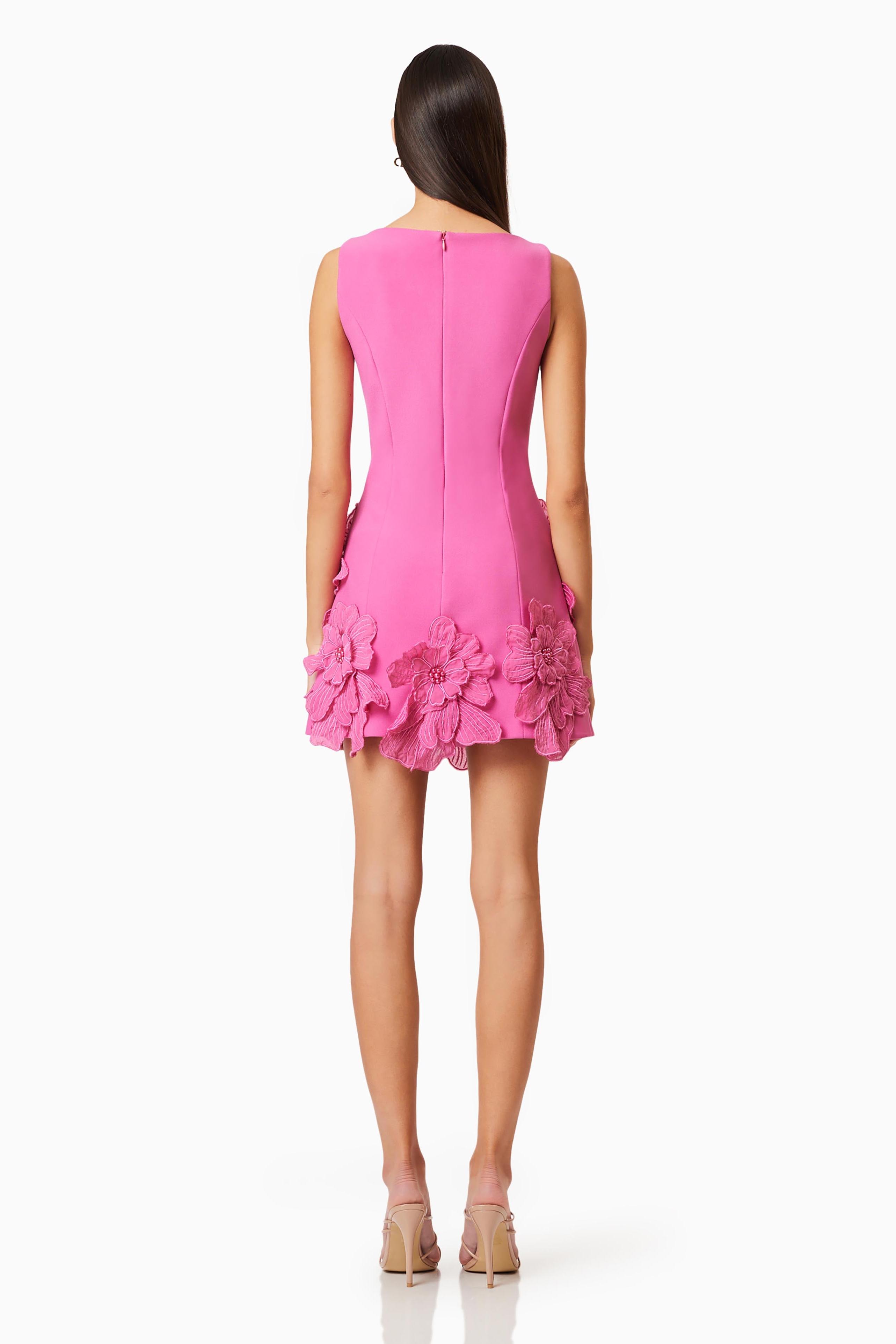 3D Flower Solid Round Neck Mini Dress