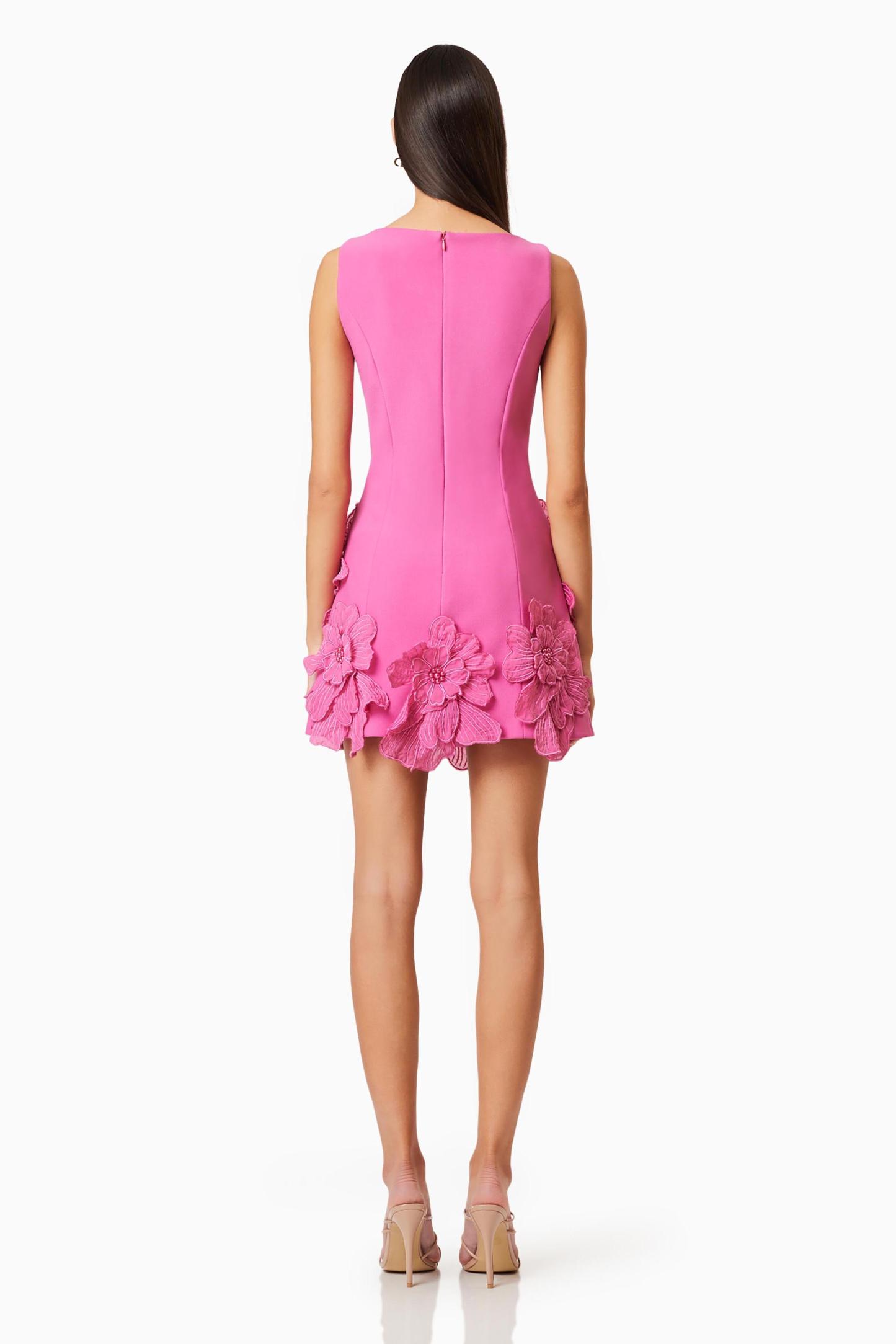 3D Flower Solid Round Neck Mini Dress