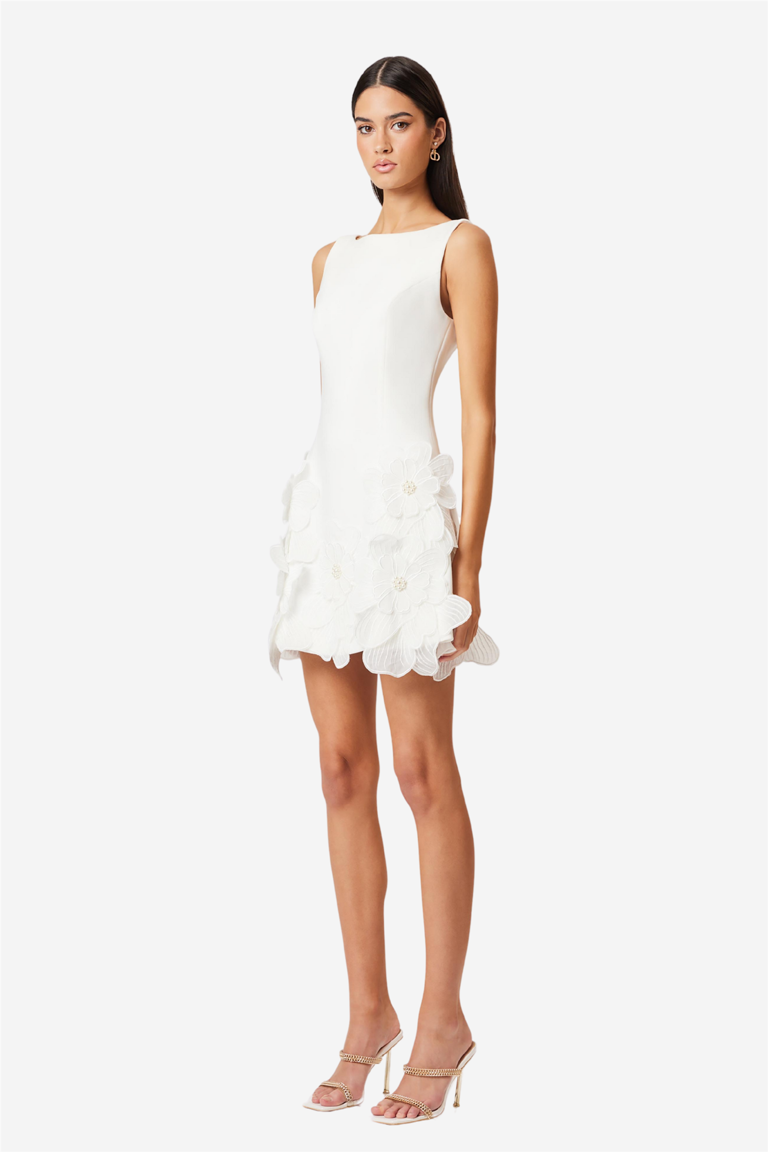 3D Flower Solid Round Neck Mini Dress