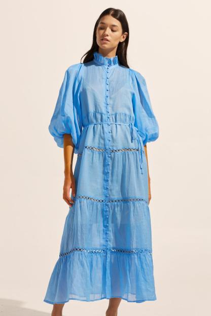 Solid High Neck Lantern Sleeve Midi Dress
