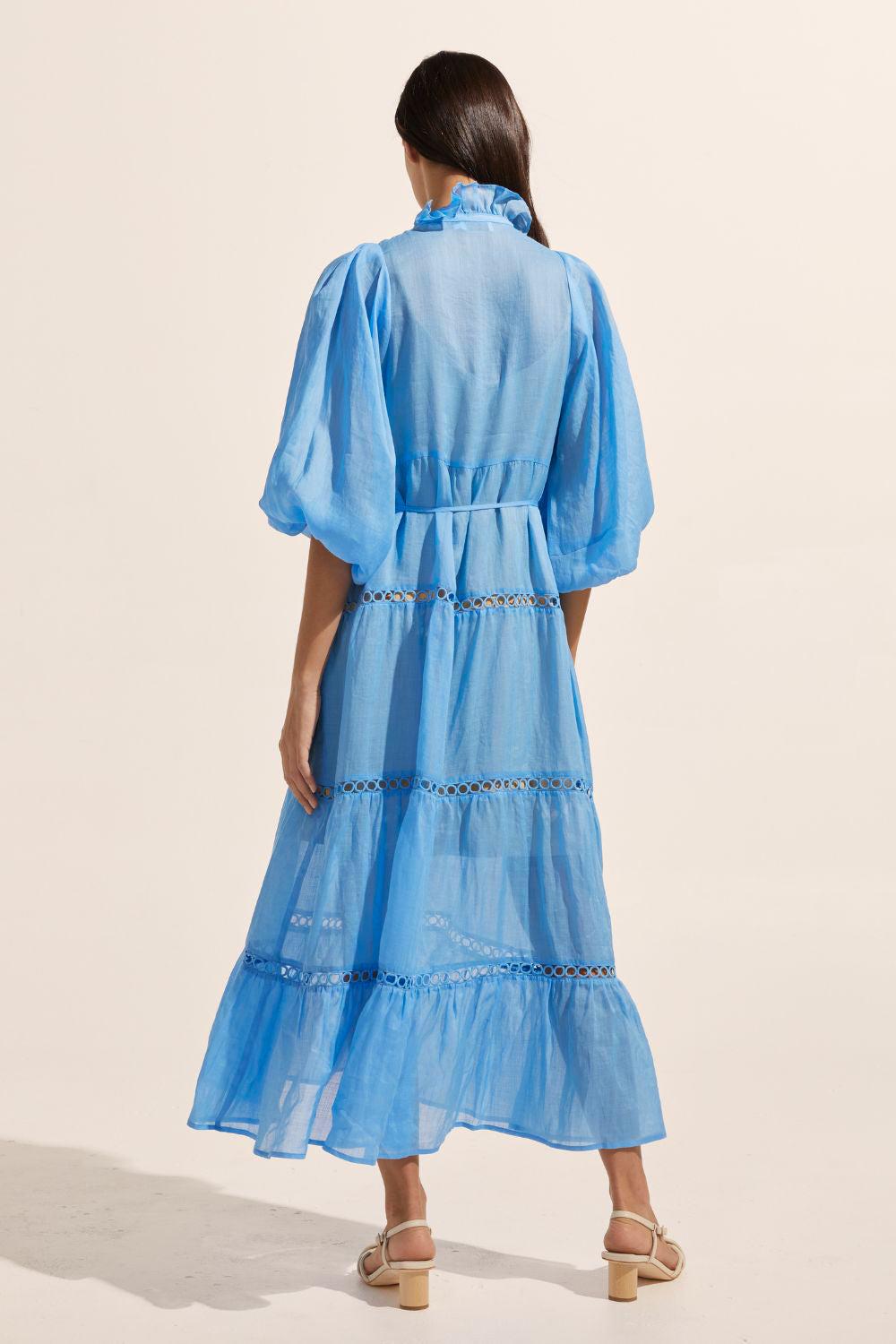 Solid High Neck Lantern Sleeve Midi Dress
