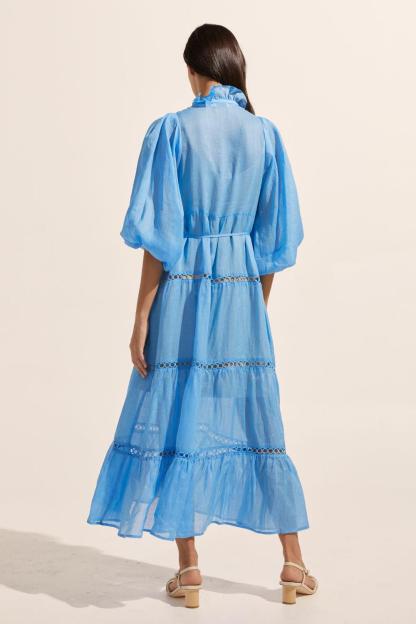 Solid High Neck Lantern Sleeve Midi Dress