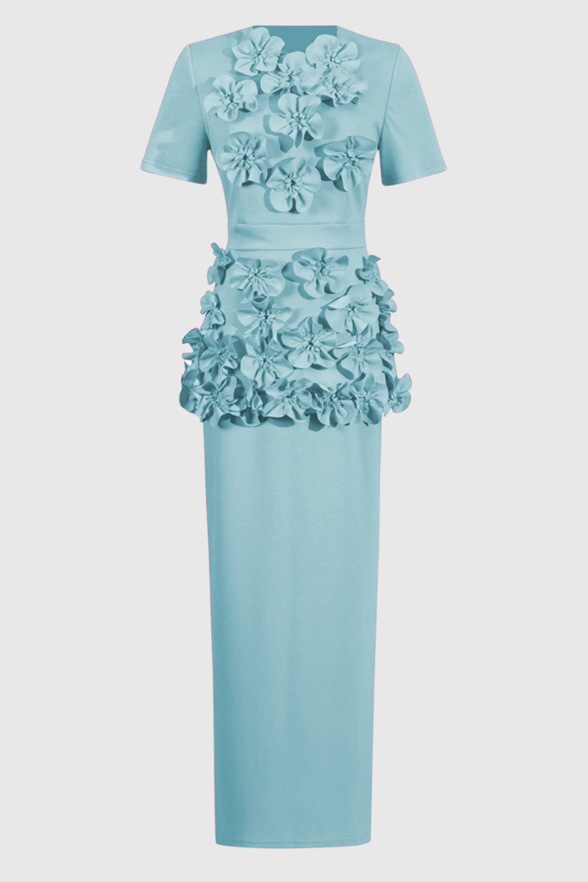 3D Flower Round Neck Short Sleeve Top & Mid Waist Midi Skirt Set