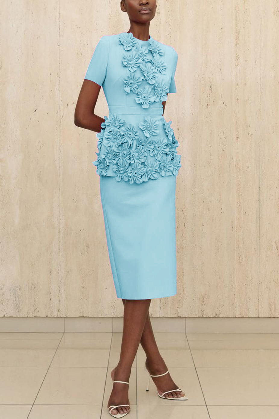 3D Flower Round Neck Short Sleeve Top & Mid Waist Midi Skirt Set