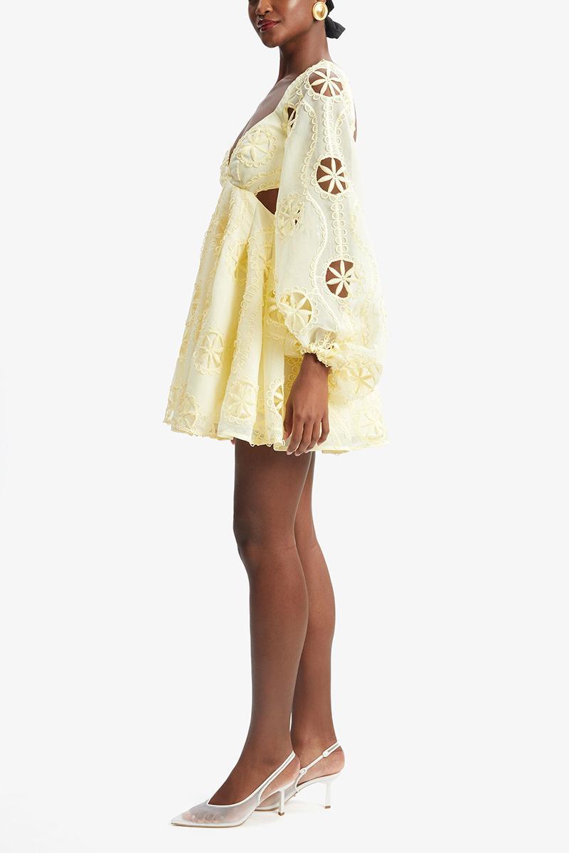 Cut-Out V-Neck Puff Sleeve Mini Dress