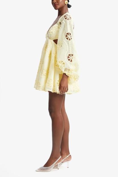 Cut-Out V-Neck Puff Sleeve Mini Dress