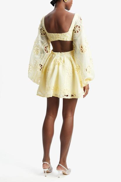 Cut-Out V-Neck Puff Sleeve Mini Dress