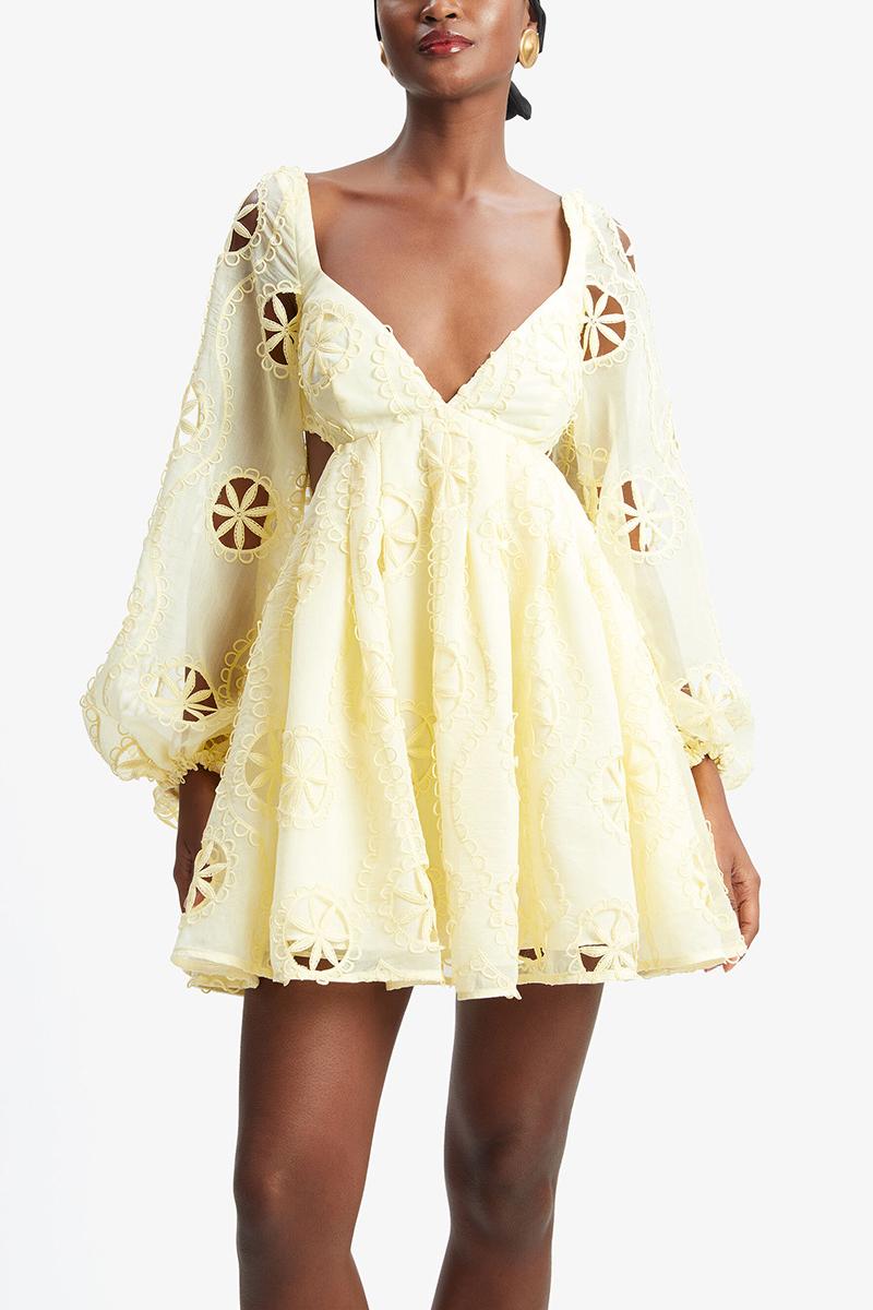 Cut-Out V-Neck Puff Sleeve Mini Dress