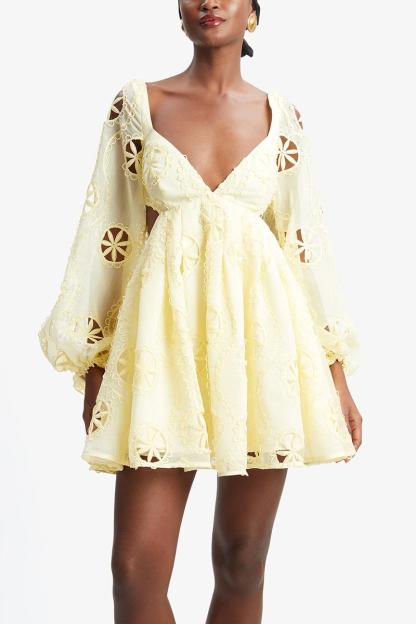 Cut-Out V-Neck Puff Sleeve Mini Dress