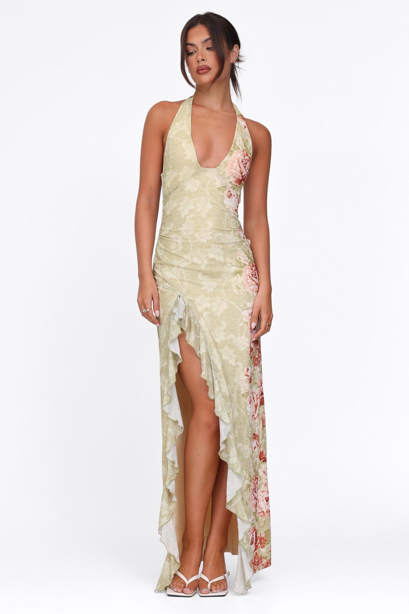 Floral Halter Neck Split Maxi Dress
