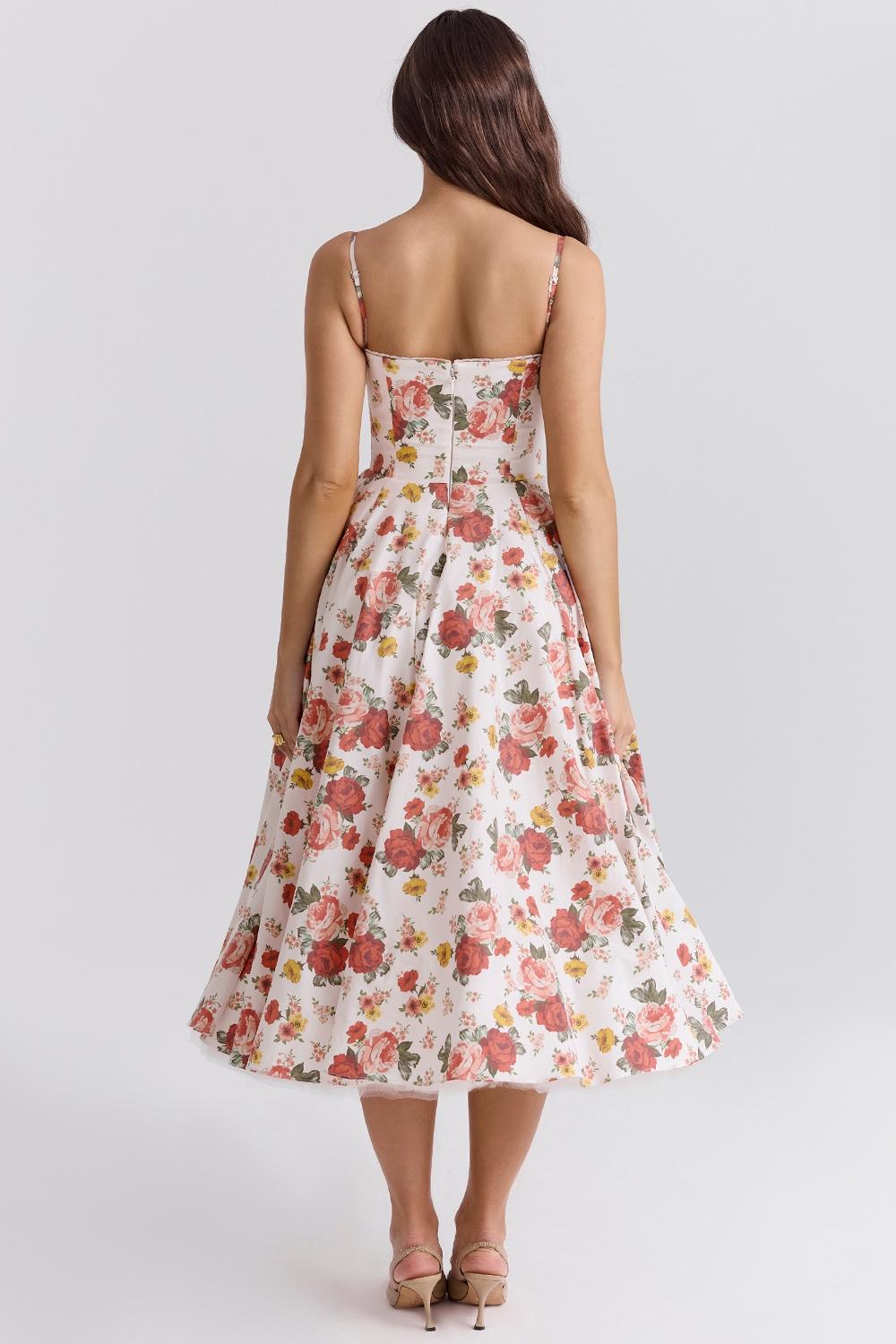Floral Lace Edge Sweetheart Neck Midi Dress