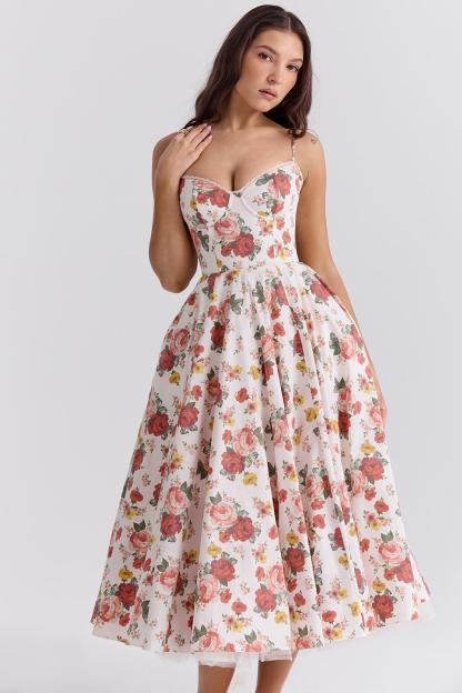 Floral Lace Edge Sweetheart Neck Midi Dress