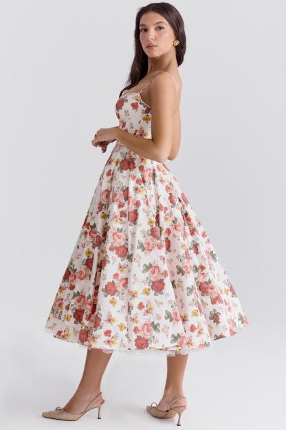 Floral Lace Edge Sweetheart Neck Midi Dress