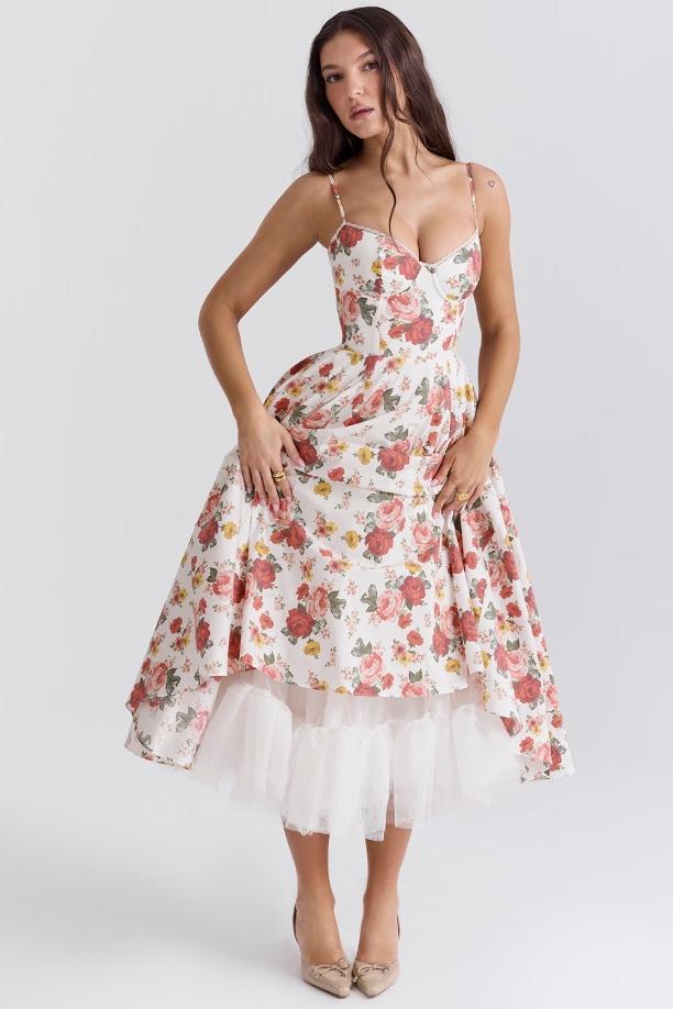 Floral Lace Edge Sweetheart Neck Midi Dress
