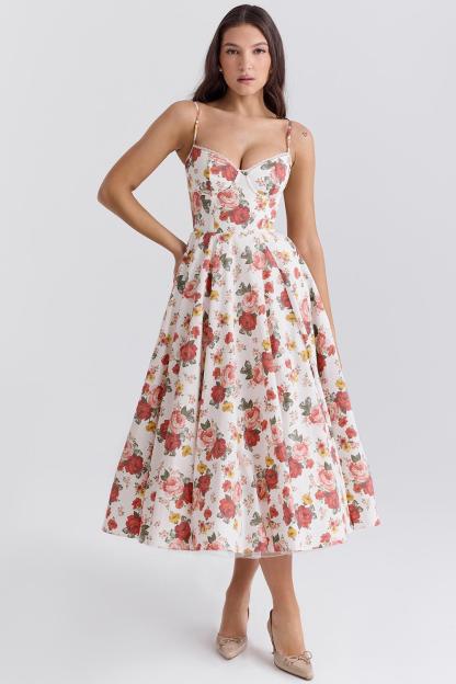 Floral Lace Edge Sweetheart Neck Midi Dress