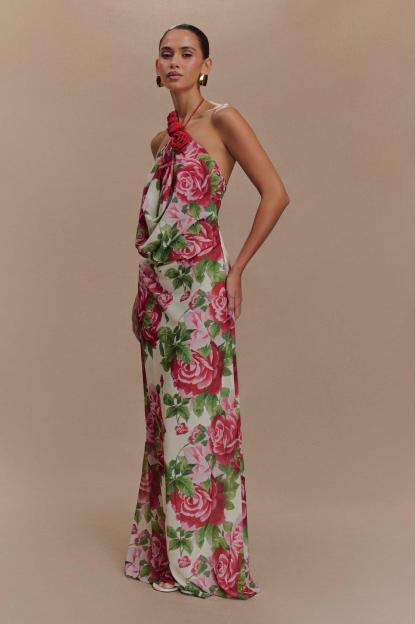 3D Flower Floral Halter Neck Maxi Dress