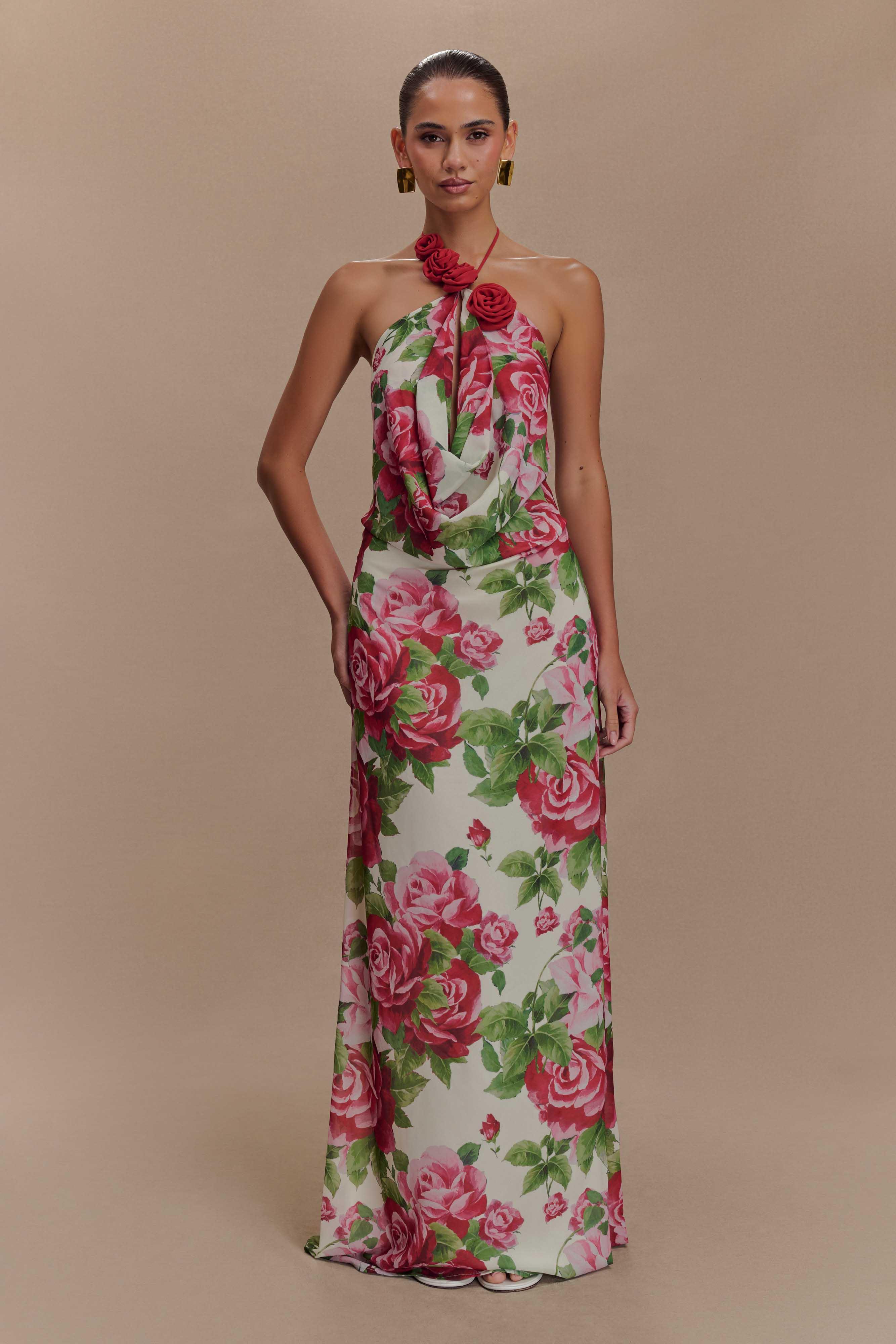 3D Flower Floral Halter Neck Maxi Dress