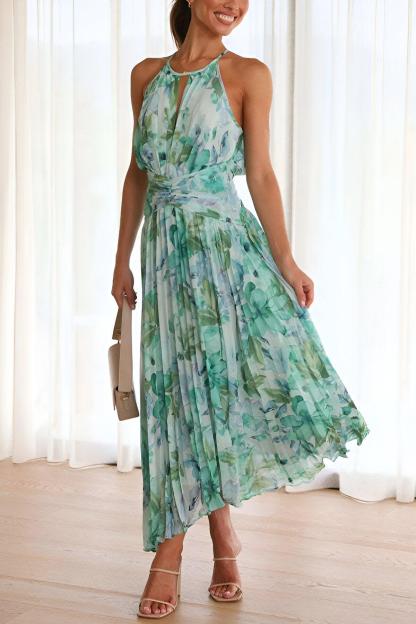 Chiffon Floral  Pleated Midi Dress