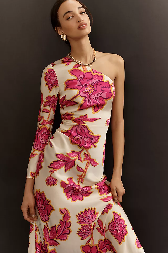 Satin Floral One Shoulder Midi Dress