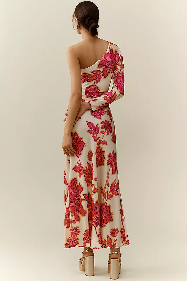 Satin Floral One Shoulder Midi Dress