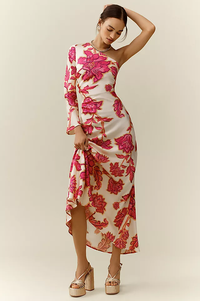 Satin Floral One Shoulder Midi Dress