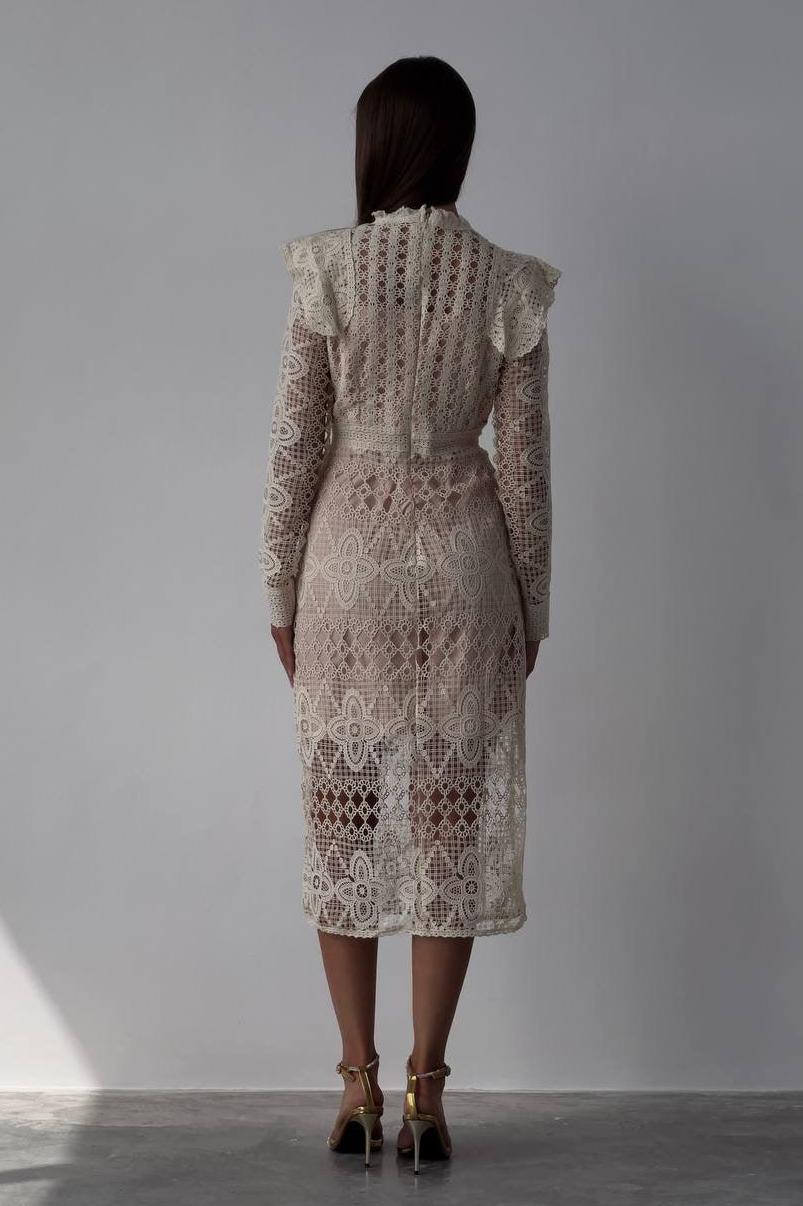 Lace Faux Pearl Button Long Sleeve Midi Dress