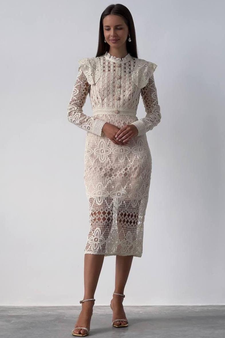 Lace Faux Pearl Button Long Sleeve Midi Dress