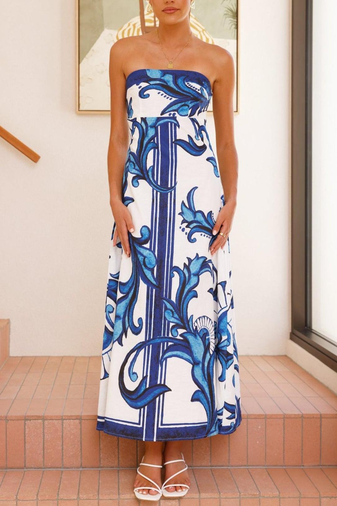 Paisley Print Off Shoulder Backless Midi Dress