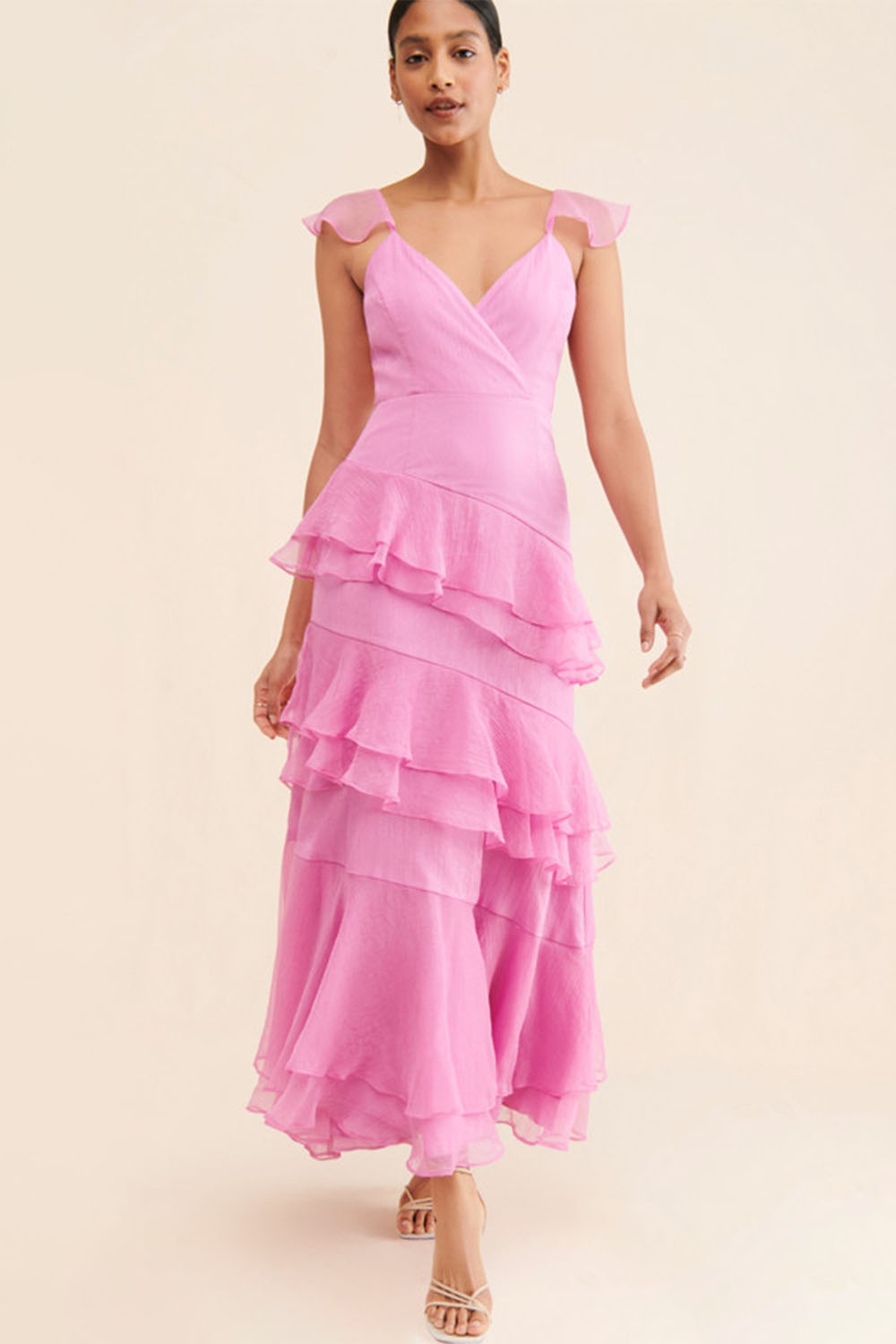 Solid Chiffon Ruffle Midi Dress