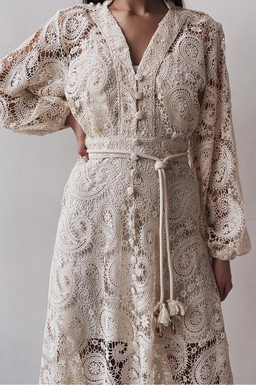 Lace Lantern Sleeve Lace-Up Midi Dress