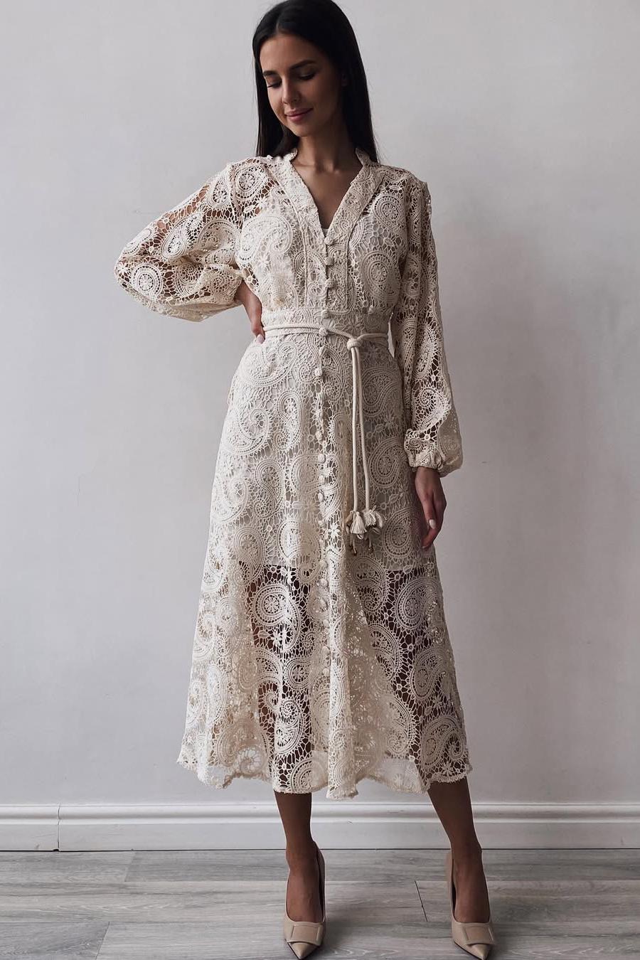 Lace Lantern Sleeve Lace-Up Midi Dress