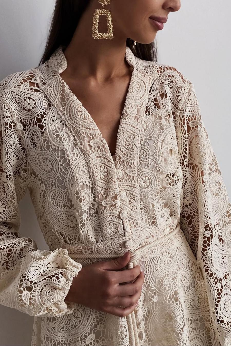Lace Lantern Sleeve Lace-Up Midi Dress