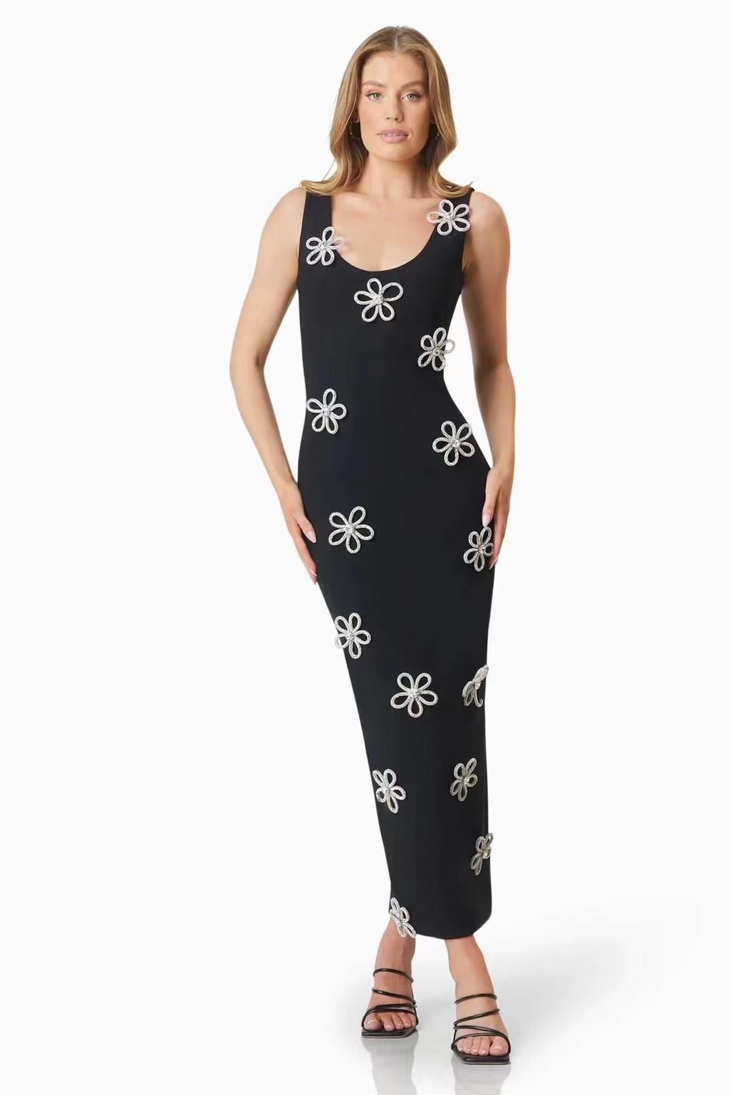 Rhinestone Flower Sleeveless Plunge Midi Dress