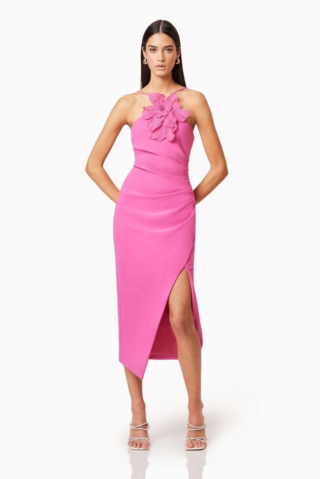 Appliquéd Solid Halter Neck Midi Dress