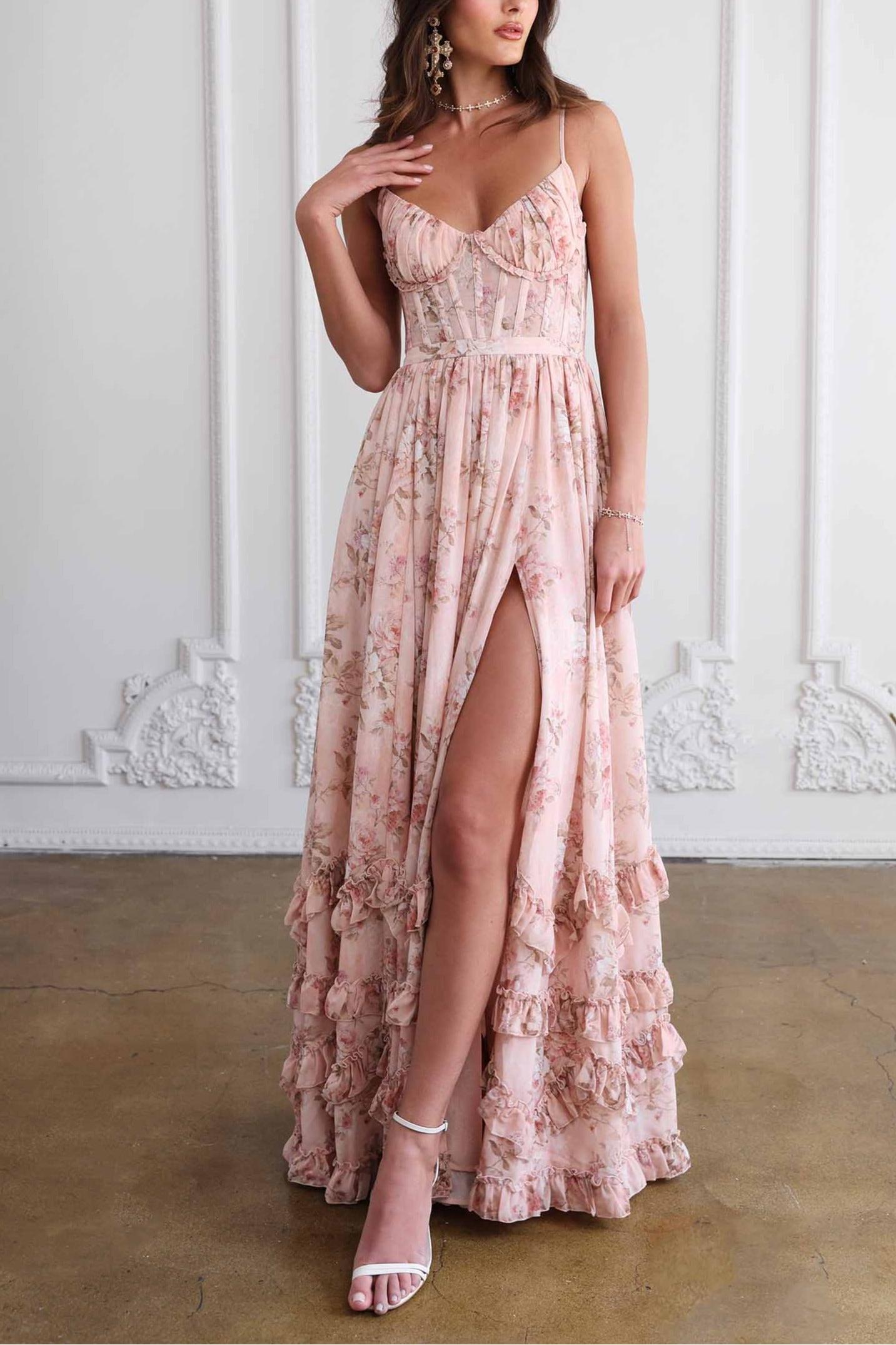 Floral Frill Split Maxi Dress