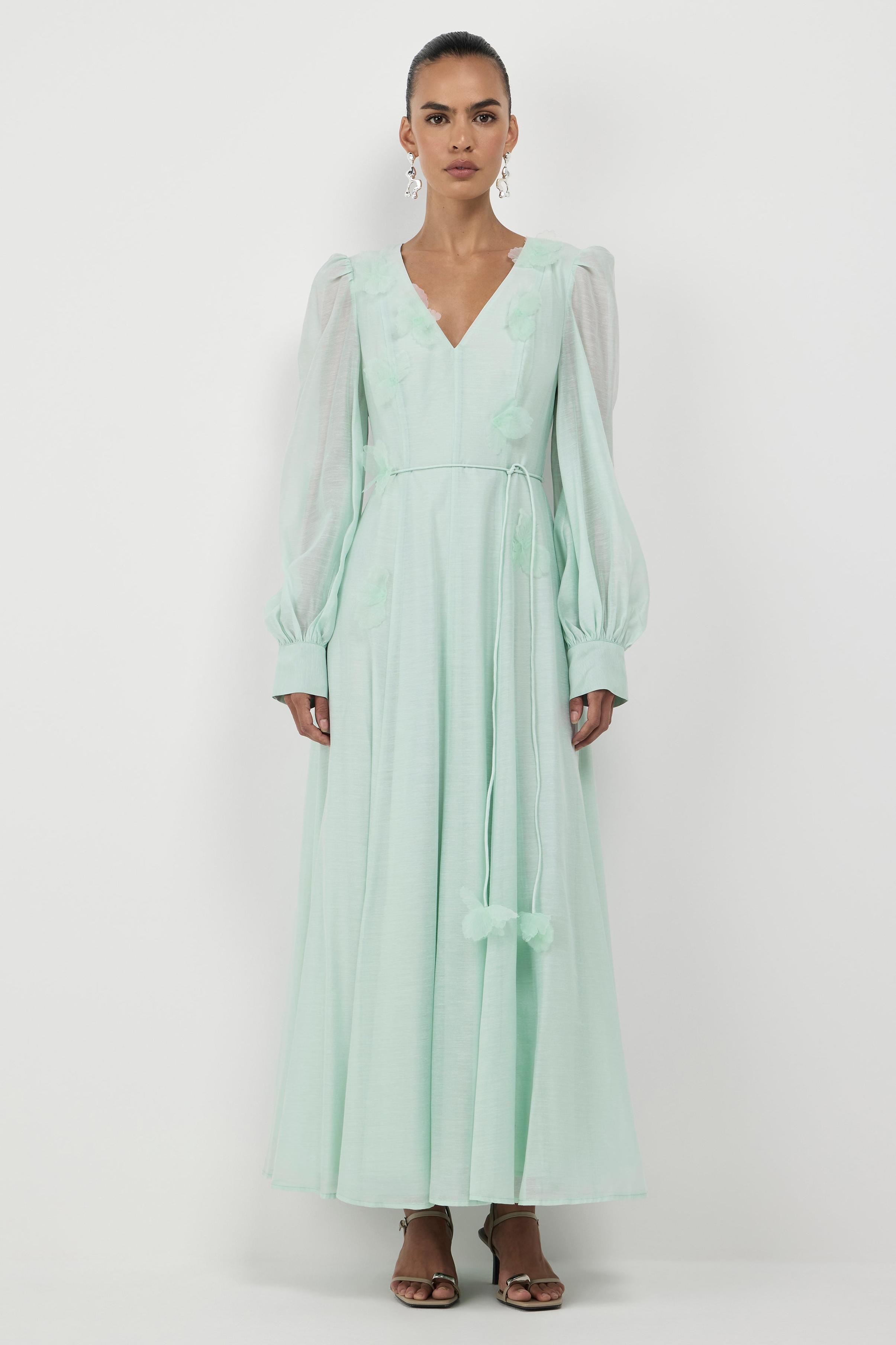 3D Flower V-Neck Lantern Sleeve Midi Dress