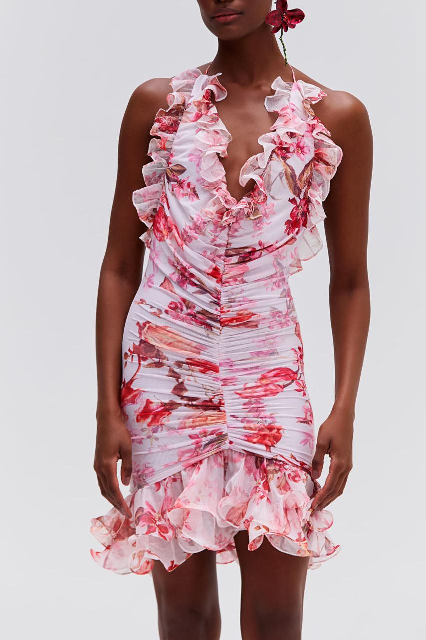 Floral Gathering Ruffle Mini Dress