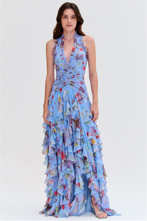 Floral Halter Neck Ruffle Maxi Dress