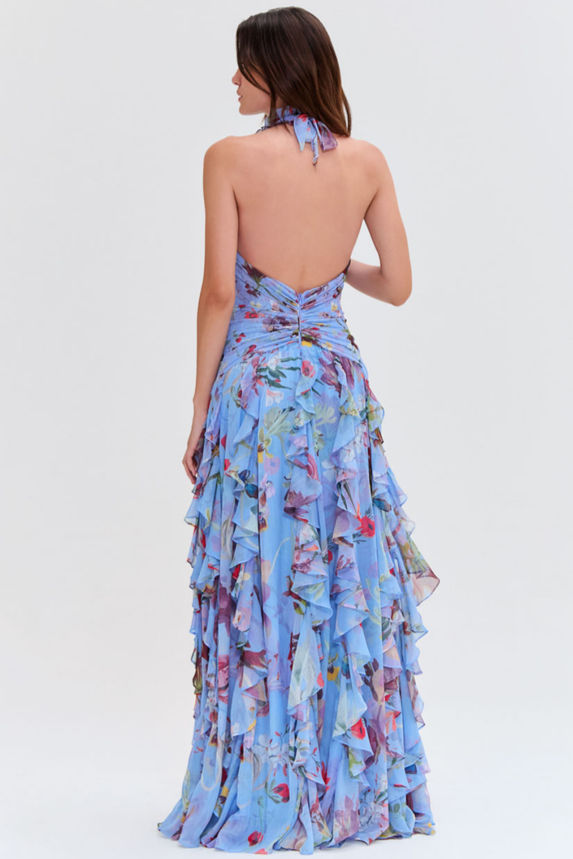 Floral Halter Neck Ruffle Maxi Dress