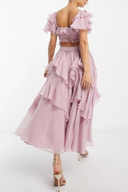 Chiffon Ruffle Pleat Midi Dress