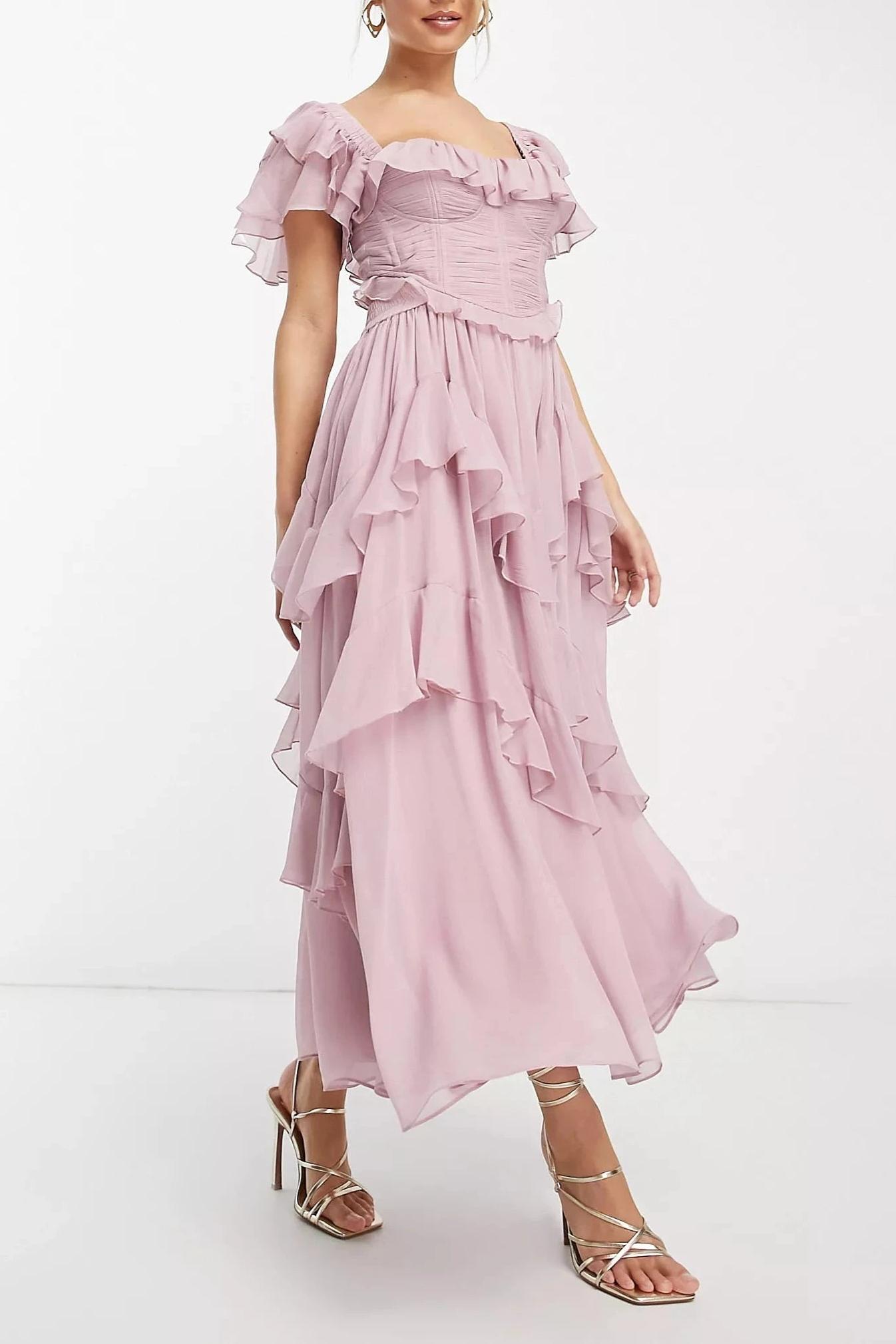 Chiffon Ruffle Pleat Midi Dress