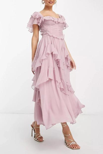Chiffon Ruffle Pleat Midi Dress